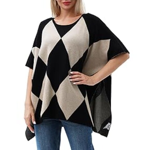 NWOT black & tan diamond pattern poncho sweater, One Size - Picture 1 of 5